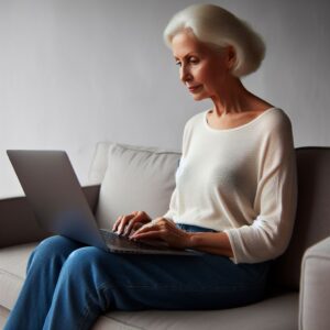 70 year old lady sitting on a sofa and a laptop in her lap, profile view and plain light